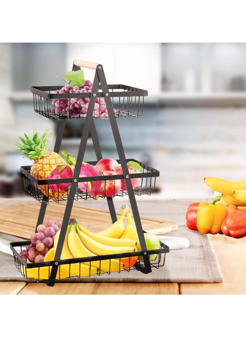 Countertop Fruit Basket, 3 Tier Metal Storage Rack with Wooden Handle for Fruit Vegetable Bread Snack Organizer, Portable Iron Wire Fruit Bowl/Stand/Holder for Kitchen Dining Room Living Room (Black)