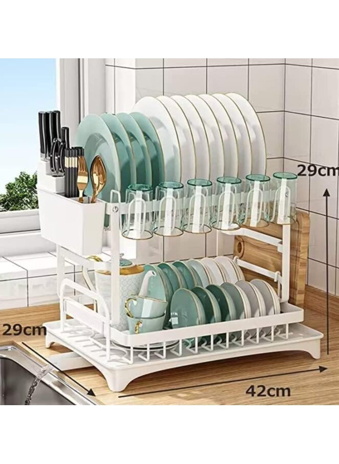 Dish Drying Rack With Drainer, 2 Tier Rustproof Stand for Kitchen Countertop,Cutting Board Holder,Cup Holder, Cutlery Rack,Large Capacity for Kitchen Countertop Saving Space 42x29x29cm (White)