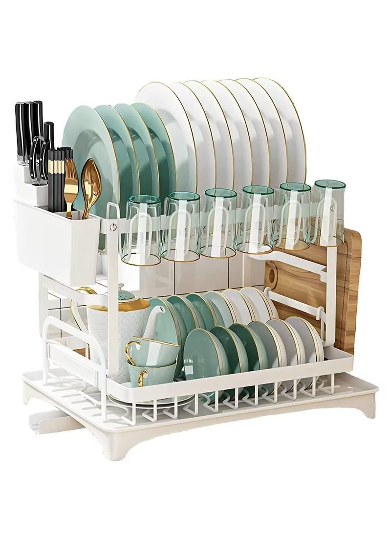 Dish Drying Rack With Drainer, 2 Tier Rustproof Stand for Kitchen Countertop,Cutting Board Holder,Cup Holder, Cutlery Rack,Large Capacity for Kitchen Countertop Saving Space 42x29x29cm (White)