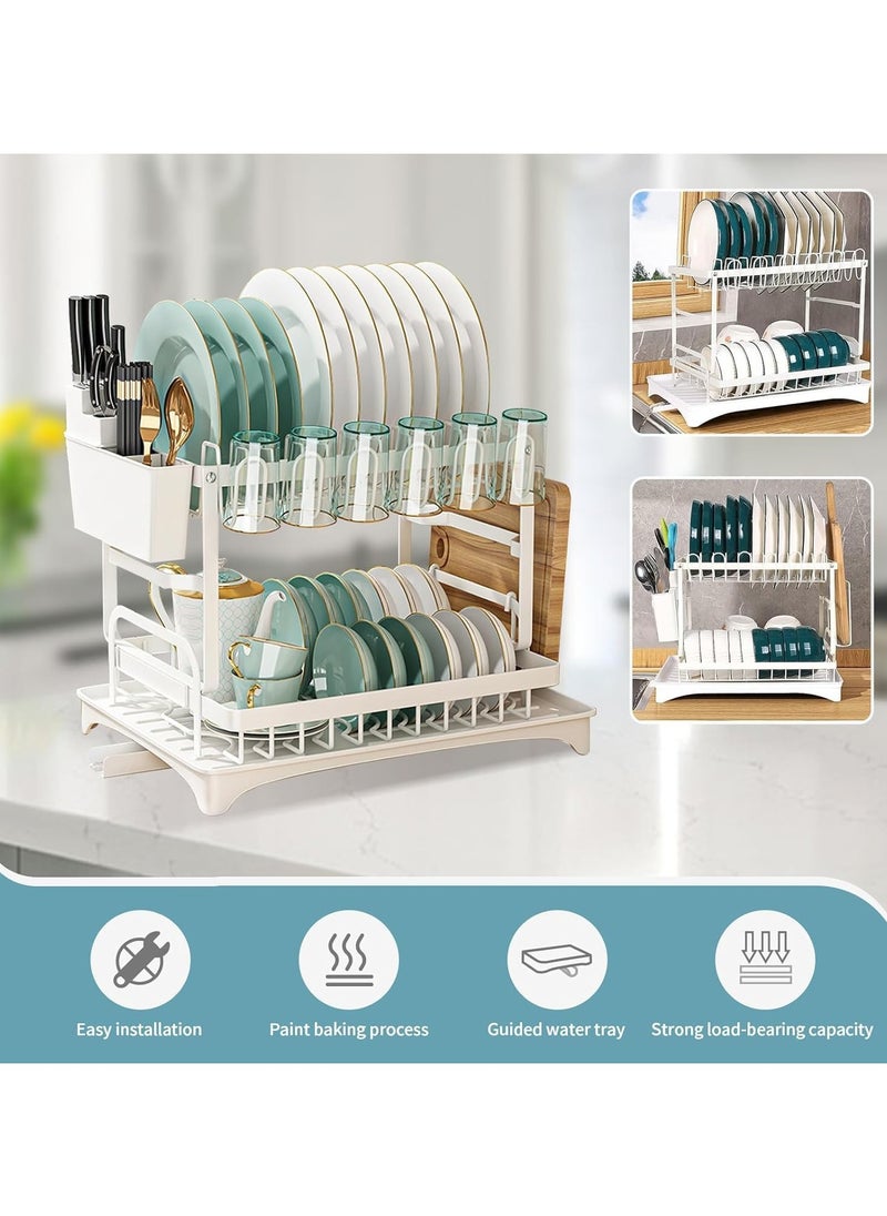 Dish Drying Rack With Drainer, 2 Tier Rustproof Stand for Kitchen Countertop,Cutting Board Holder,Cup Holder, Cutlery Rack,Large Capacity for Kitchen Countertop Saving Space 42x29x29cm (White)