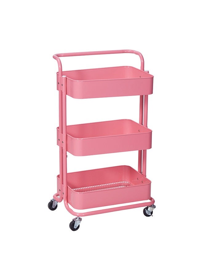 3-Layer Rolling Practical Stroller With Handle, Suitable For Kitchen Bedroom Office Beauty Salon, Pink