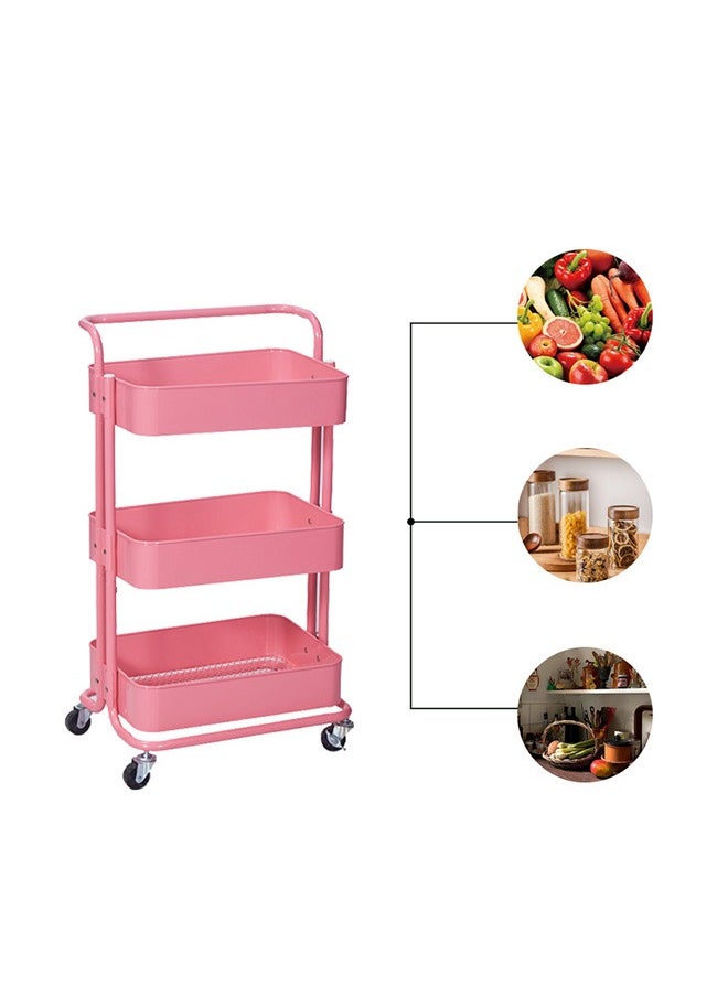 3-Layer Rolling Practical Stroller With Handle, Suitable For Kitchen Bedroom Office Beauty Salon, Pink