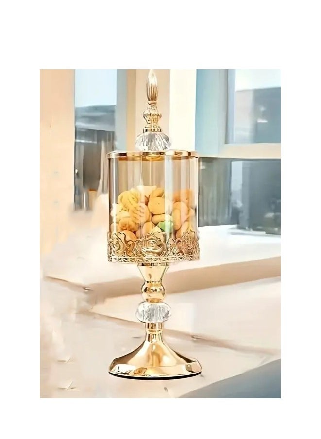 1pc LDQ Elegant Glass Candy Container with Polished Metal Lid, Decorative Plant-Themed Design - Ideal for Seasonal Decorations & Home Organization, Perfect Gift for Easter, Valentine's, St. Patrick's, Ramadan, Christmas