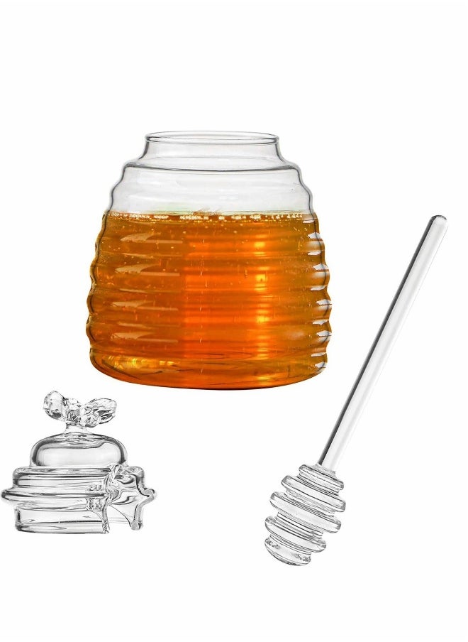 Honey Jar with Dipper and Lid, Honey Bee Pot and Lid for Storage by Paulsway, 17oz Glass Beehive Honey Pot, Honey Containers Holder for Home Kitchen, Clear