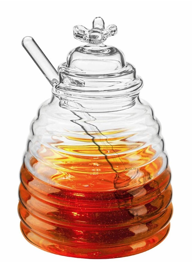 Honey Jar with Dipper and Lid, Honey Bee Pot and Lid for Storage by Paulsway, 17oz Glass Beehive Honey Pot, Honey Containers Holder for Home Kitchen, Clear