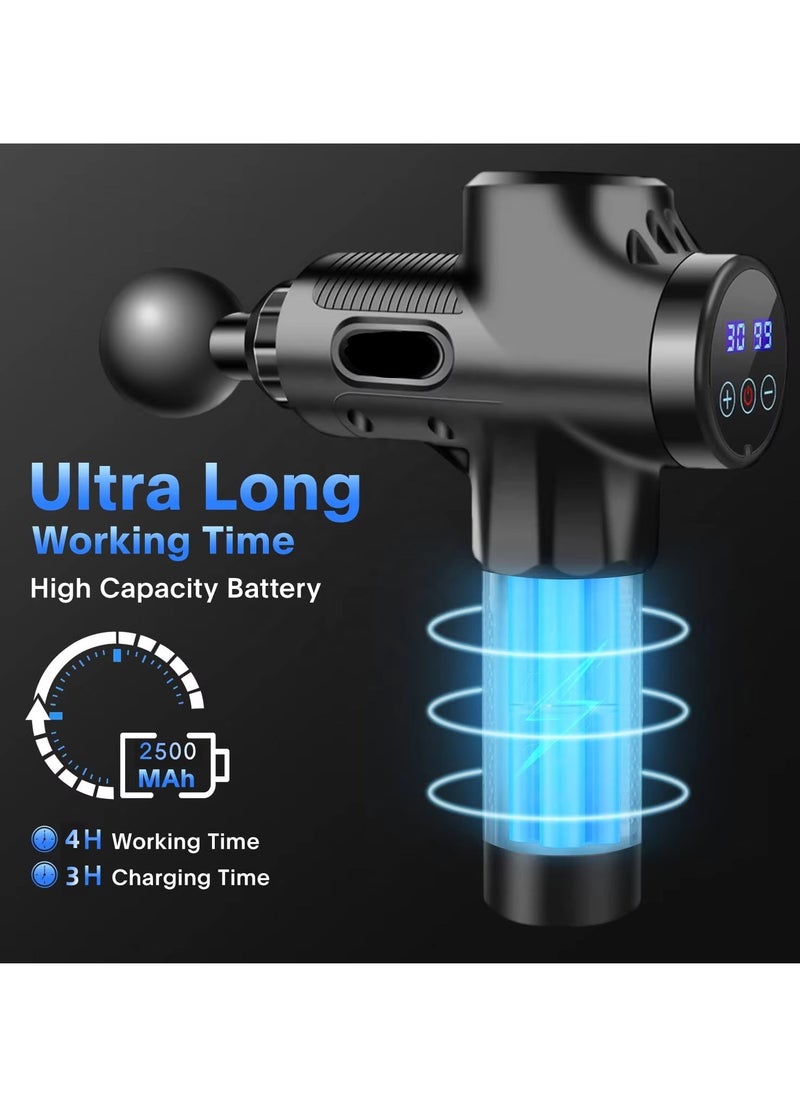 Deep Tissue Percussion Massage Gun – 30 Speeds, 6 Heads, LCD Screen, 10-Min Auto-Off Protection, with Carry Case – For Pain Relief & Muscle Recovery