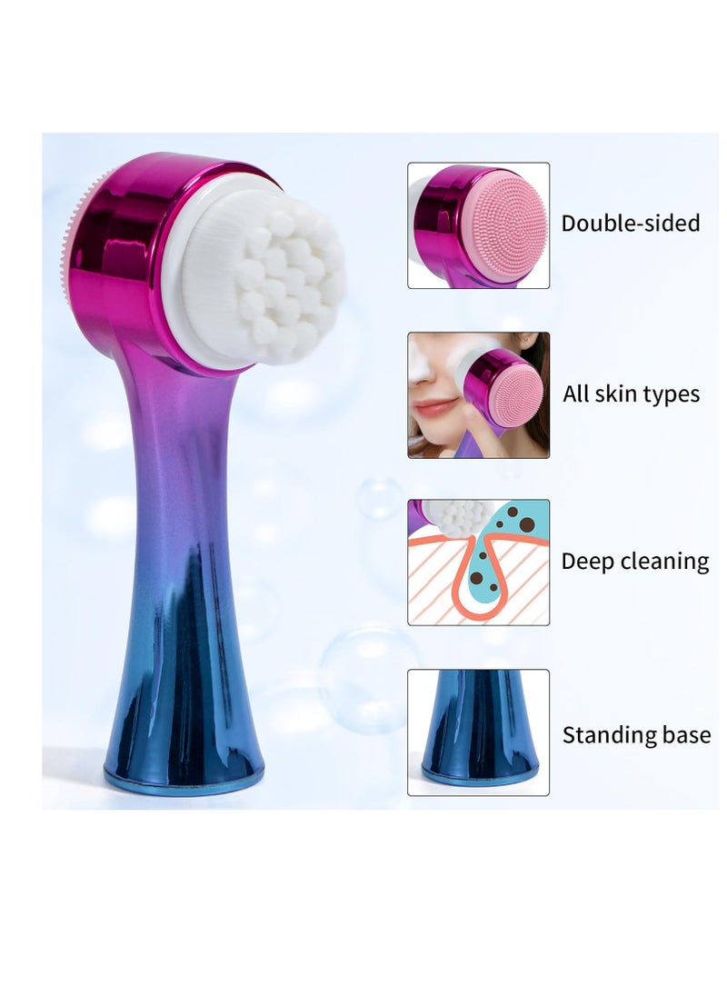 Face Brush 2 in 1, Silicone Facial Cleansing Exfoliating Brush Soft Bristles Pore Deep Cleansing Manual Dual Face Wash Scrub Brush for Massaging, Makeup Skincare Removal, Gradient Purple Blue