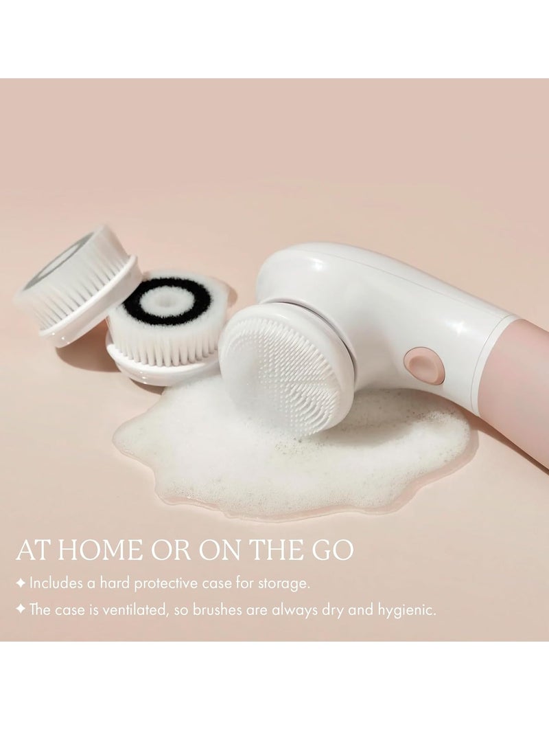Raedia Handheld Facial Cleansing Brush with 4 Interchangeable Brush Heads by Vanity Planet - Lightweight Daily Cleansing Brush for Glowing Skin - Water Resistant Face Exfoliator - Warm Grey