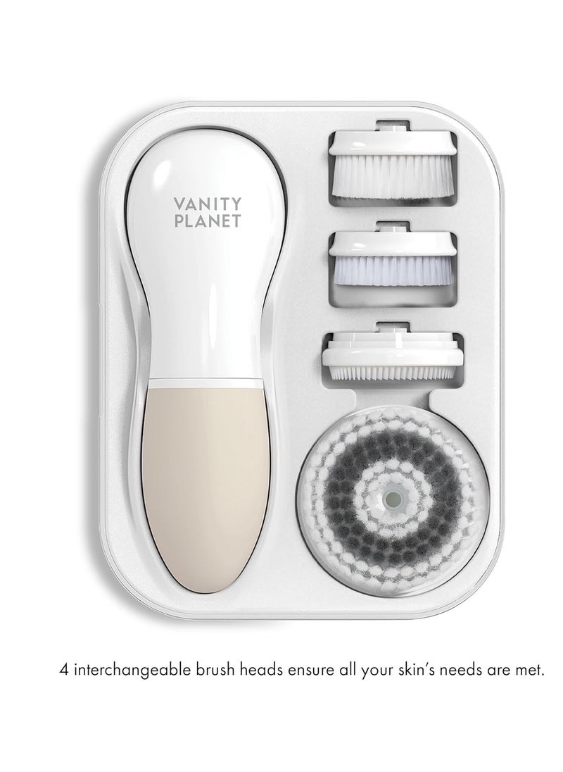 Raedia Handheld Facial Cleansing Brush with 4 Interchangeable Brush Heads by Vanity Planet - Lightweight Daily Cleansing Brush for Glowing Skin - Water Resistant Face Exfoliator - Warm Grey