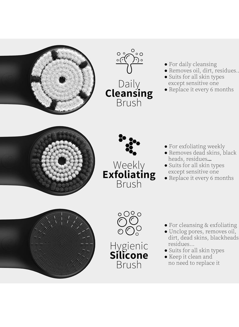 Face Scrubber, NågraCoola 3.0 Facial Cleansing Brush, Waterproof & Rechargeable Face Scrub Brush for Men&Women, Electric Facial Exfoliator with 3 Brushes, 3 Intensities, 2 Action Modes - Black