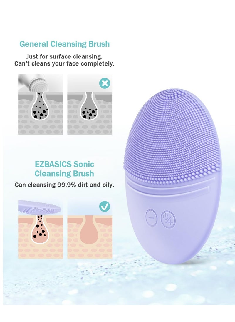 EZBASICS Facial Cleansing Brush Made with Ultra Hygienic Soft Silicone, Waterproof Sonic Vibrating Face Brush for Deep Cleansing, Gentle Massaging, Inductive Charging (Violet)1 Pack+5 Speed Settings