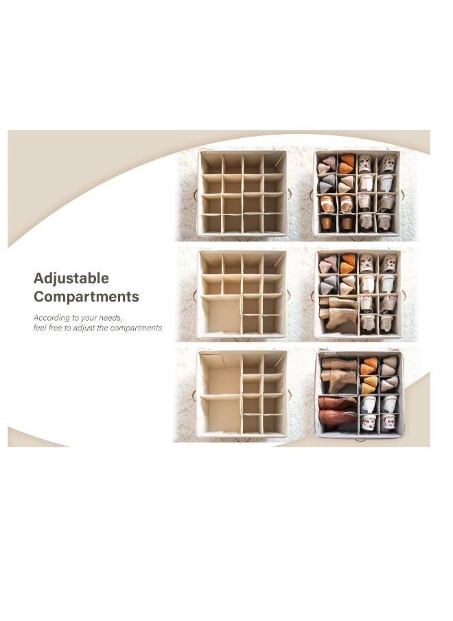 1-Pack Shoe Organizer for Closet, Large Shoe Box Storage,  Fabric Shoe Storage Bins with Clear Cover, Adjustable Dividers for Shoe Storage, Fits 16 Pairs, Beige