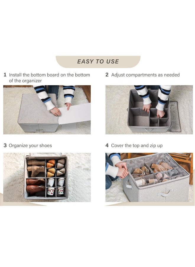 1-Pack Shoe Organizer for Closet, Large Shoe Box Storage,  Fabric Shoe Storage Bins with Clear Cover, Adjustable Dividers for Shoe Storage, Fits 16 Pairs, Beige