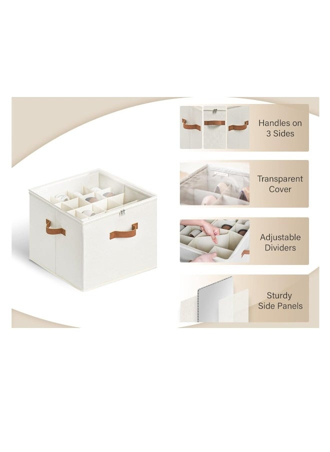 1-Pack Shoe Organizer for Closet, Large Shoe Box Storage,  Fabric Shoe Storage Bins with Clear Cover, Adjustable Dividers for Shoe Storage, Fits 16 Pairs, Beige