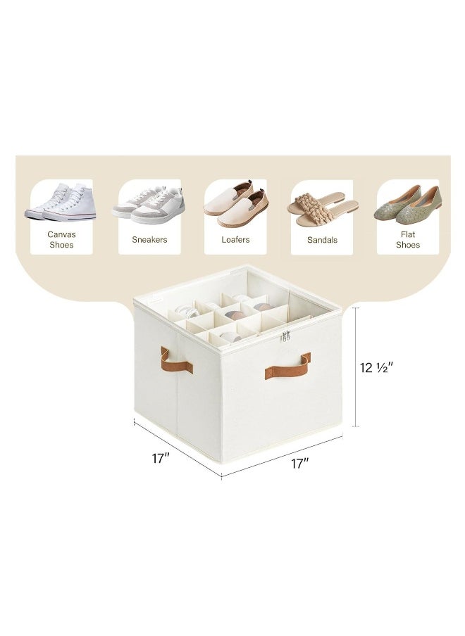 1-Pack Shoe Organizer for Closet, Large Shoe Box Storage,  Fabric Shoe Storage Bins with Clear Cover, Adjustable Dividers for Shoe Storage, Fits 16 Pairs, Beige