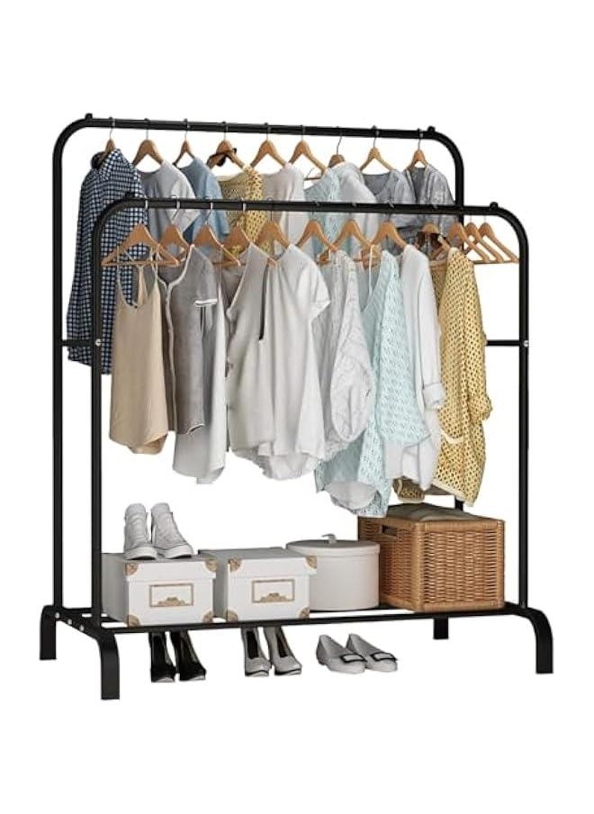 Clothes Rack,1.5m High Double Rod Garment Rack with Storage Shelf,Clothes Display Rack,Portable Clothing Racks for Clothes Shoes Handbags,Multi-Purpose for Home Bedroom (Black)