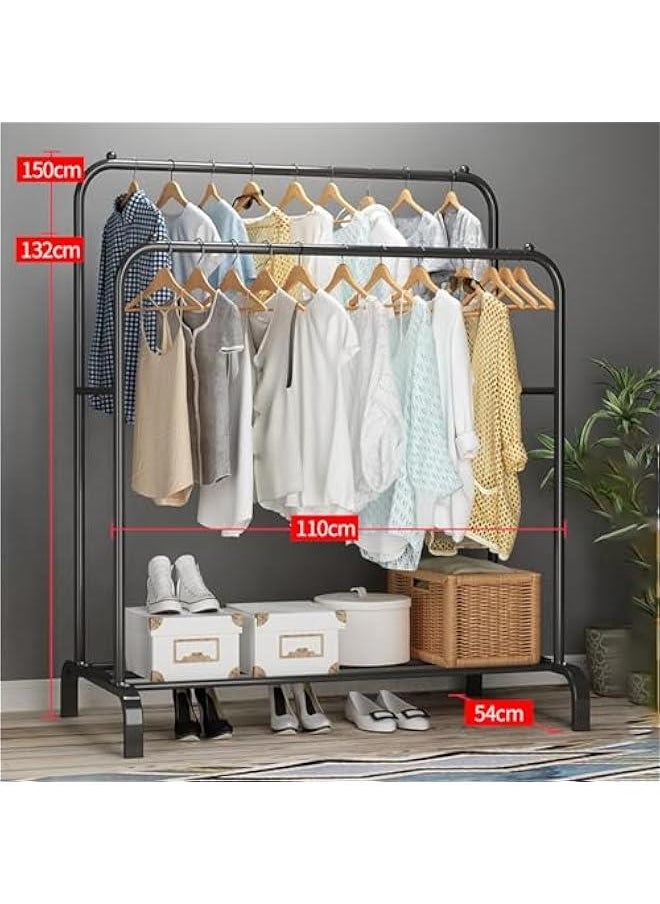 Clothes Rack,1.5m High Double Rod Garment Rack with Storage Shelf,Clothes Display Rack,Portable Clothing Racks for Clothes Shoes Handbags,Multi-Purpose for Home Bedroom (Black)