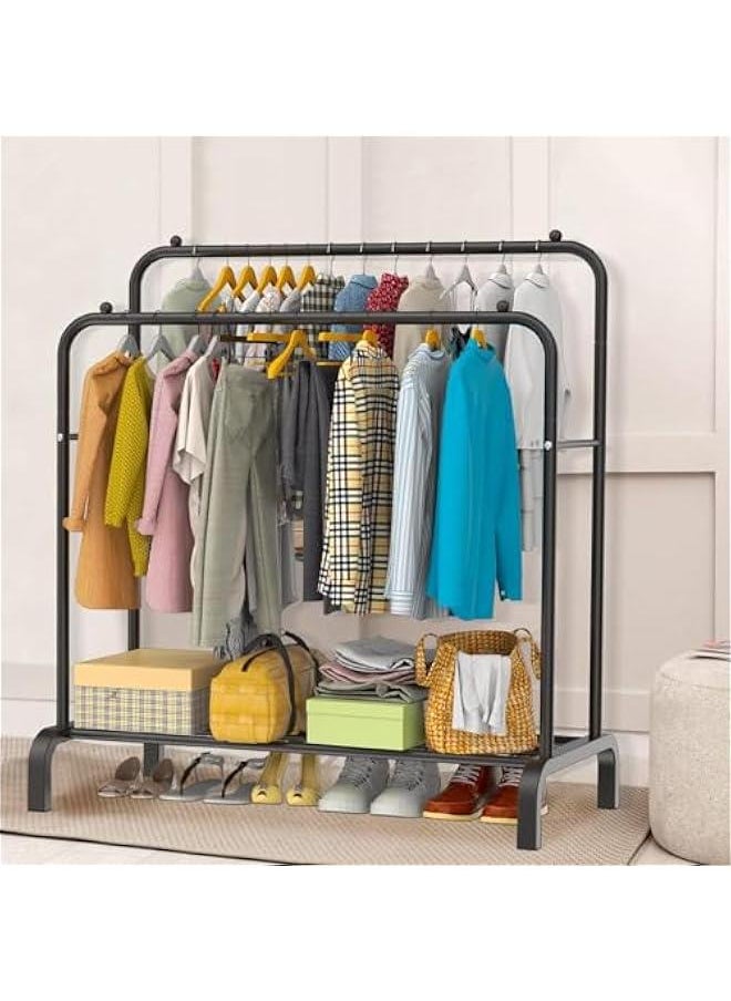 Clothes Rack,1.5m High Double Rod Garment Rack with Storage Shelf,Clothes Display Rack,Portable Clothing Racks for Clothes Shoes Handbags,Multi-Purpose for Home Bedroom (Black)