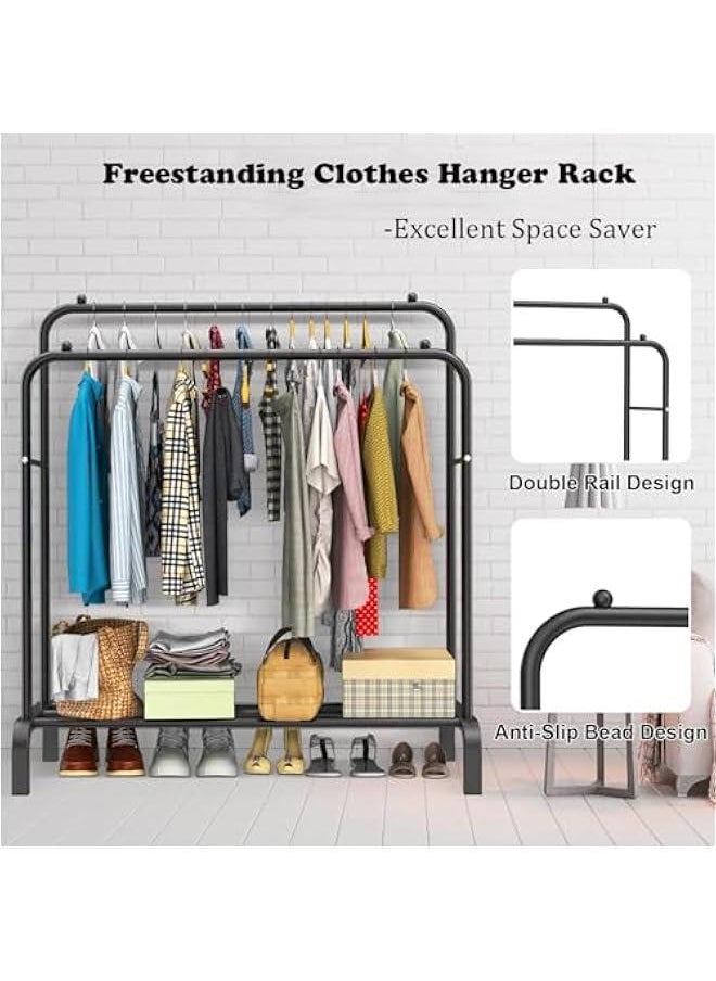 Clothes Rack,1.5m High Double Rod Garment Rack with Storage Shelf,Clothes Display Rack,Portable Clothing Racks for Clothes Shoes Handbags,Multi-Purpose for Home Bedroom (Black)