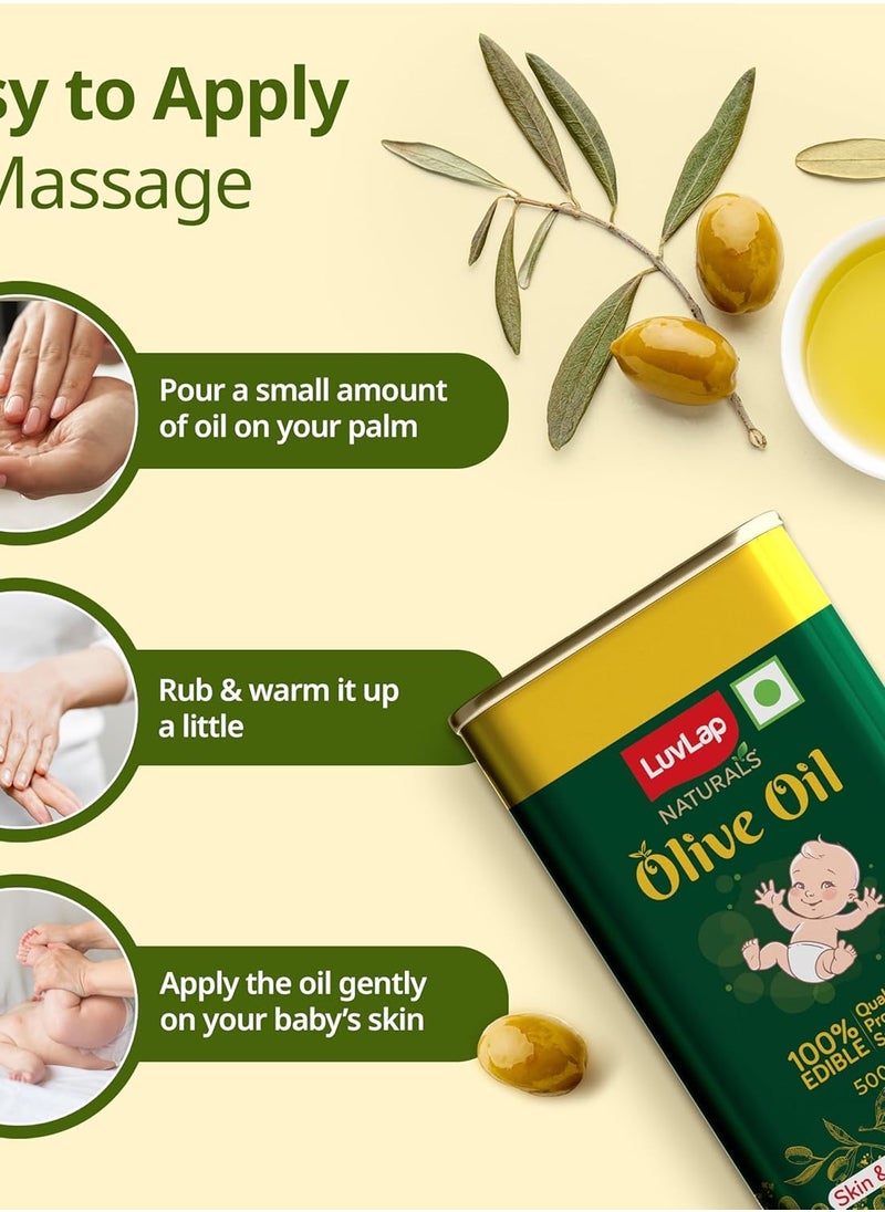 LuvLap Naturals Baby Body Massage Olive Oil, 500 ML, Spanish Premium Olive Oil, Enhances Bone & Muscle Strength