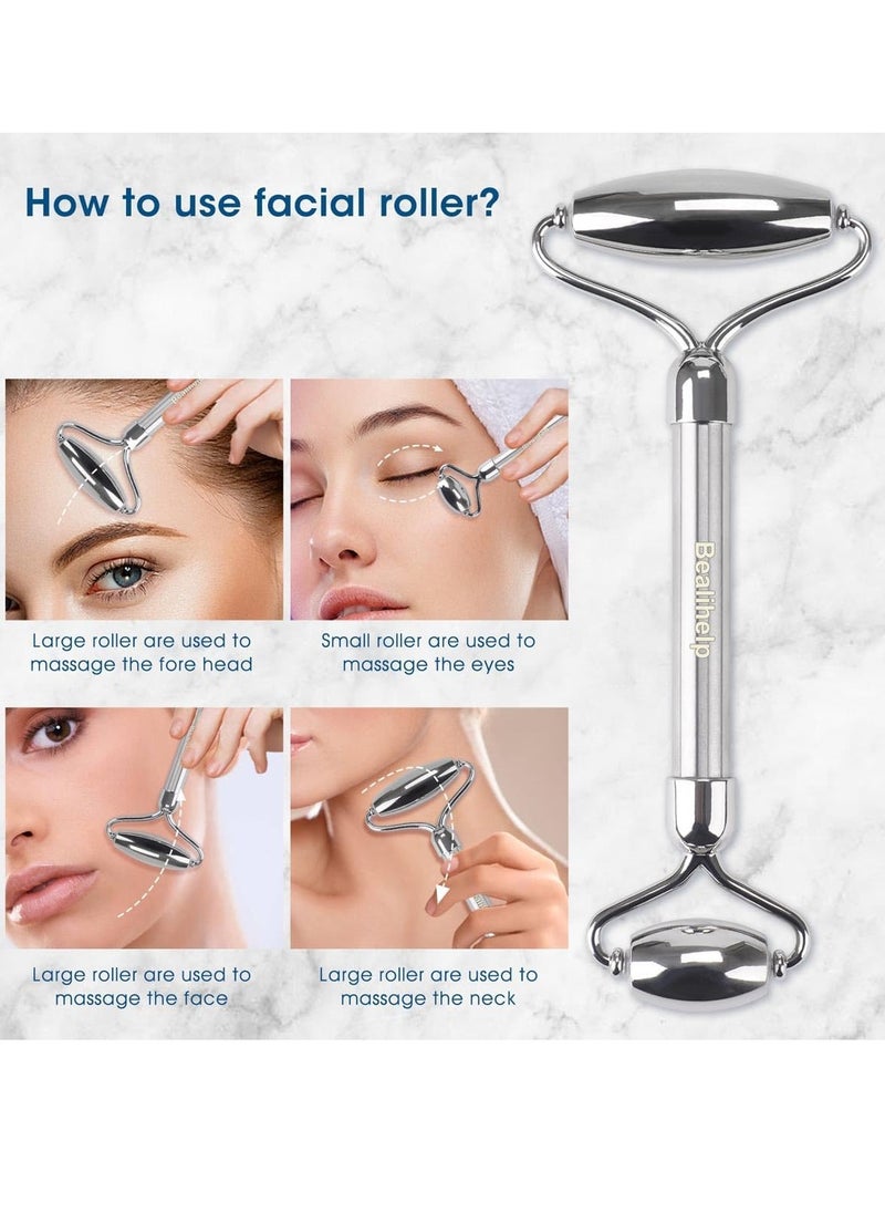 Face Roller & Gua Sha, Stainless Steel Facial Roller and Guasha Tool for Face, Skin Care Roller for Wrinkles and Lifting, Improve Puffiness, Metal Face Massager for Eyes, Neck Tighten