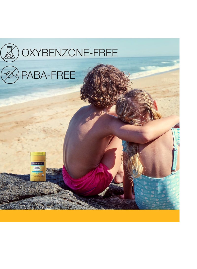 Beach Defense Water-Resistant SPF 50+ Sunscreen Stick, Broad Spectrum UVA/UVB Protection, PABA- & Oxybenzone-Free Face & Body Sunscreen Stick, Hands-Free Application 1.5 ozounce