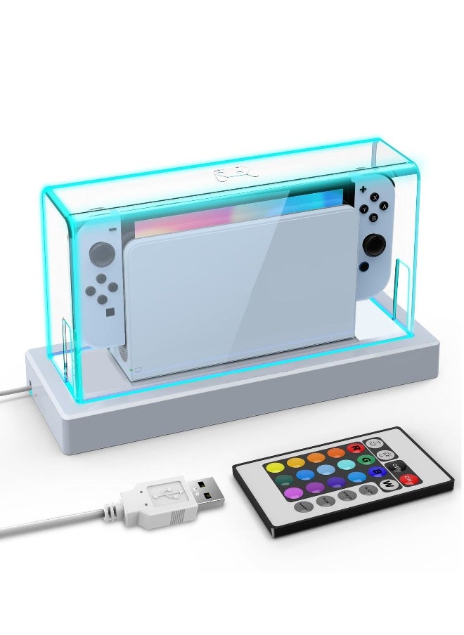 Dust Cover for Nintendo Switch/OLED with 16 LED Colors Light Base, Acrylic Clear Display Box Anti-Scratch Waterproof Slim Dock Case, Cool Accessories for Switch