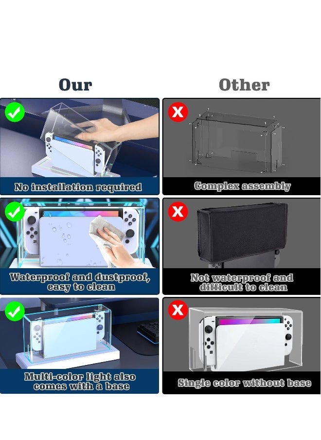 Dust Cover for Nintendo Switch/OLED with 16 LED Colors Light Base, Acrylic Clear Display Box Anti-Scratch Waterproof Slim Dock Case, Cool Accessories for Switch