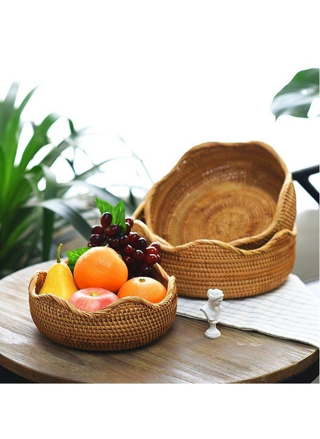 Hand-woven Basket, Handmade Rattan Round Fruit Basket Round Serving Tray Fruit Bowl, Bread Basket, Food Storage Bowl, Snack Serving Bowl Boho Home Décor Display Tray (8.7 Inch)