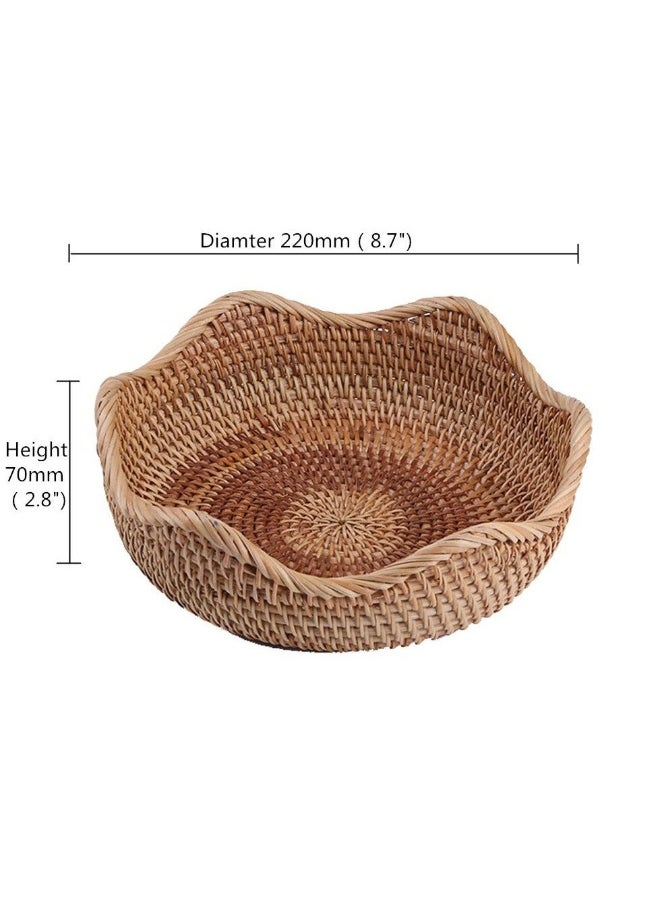 Hand-woven Basket, Handmade Rattan Round Fruit Basket Round Serving Tray Fruit Bowl, Bread Basket, Food Storage Bowl, Snack Serving Bowl Boho Home Décor Display Tray (8.7 Inch)