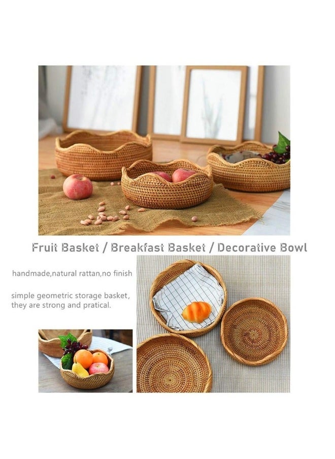 Hand-woven Basket, Handmade Rattan Round Fruit Basket Round Serving Tray Fruit Bowl, Bread Basket, Food Storage Bowl, Snack Serving Bowl Boho Home Décor Display Tray (8.7 Inch)