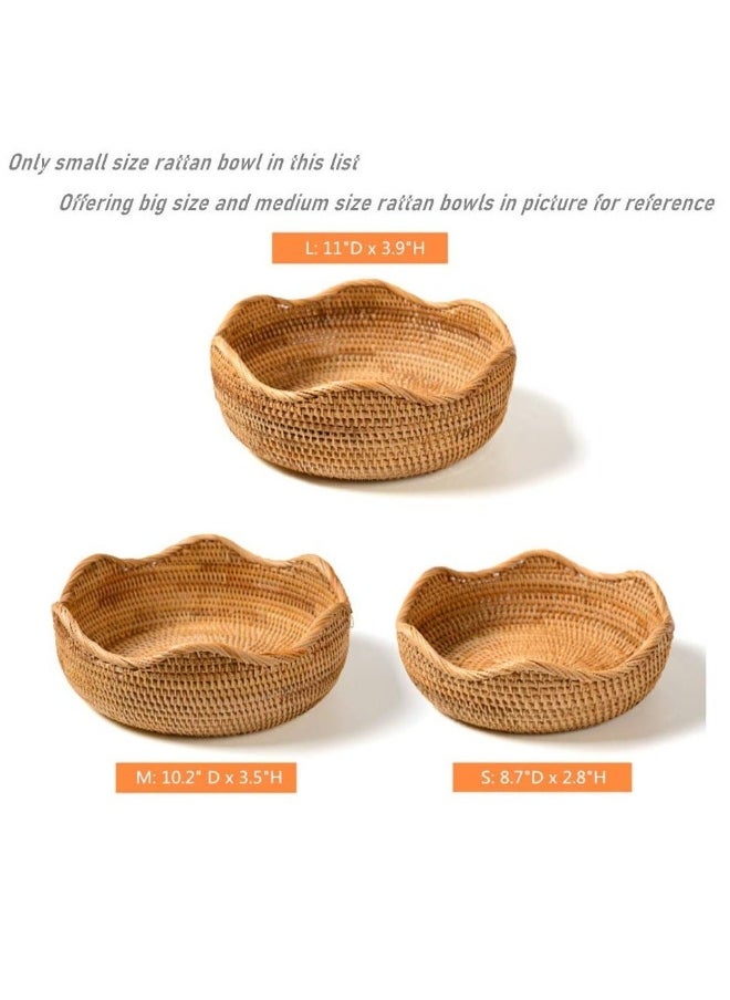 Hand-woven Basket, Handmade Rattan Round Fruit Basket Round Serving Tray Fruit Bowl, Bread Basket, Food Storage Bowl, Snack Serving Bowl Boho Home Décor Display Tray (8.7 Inch)