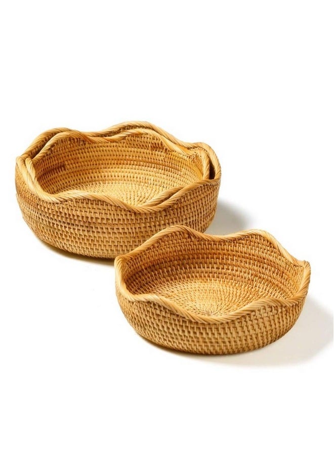 Hand-woven Basket, Handmade Rattan Round Fruit Basket Round Serving Tray Fruit Bowl, Bread Basket, Food Storage Bowl, Snack Serving Bowl Boho Home Décor Display Tray (8.7 Inch)