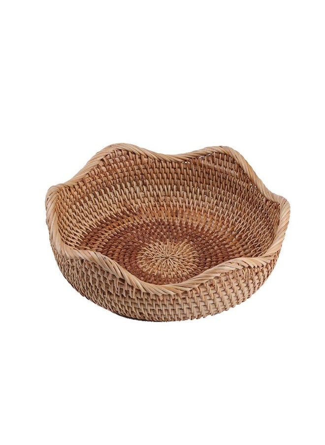 Hand-woven Basket, Handmade Rattan Round Fruit Basket Round Serving Tray Fruit Bowl, Bread Basket, Food Storage Bowl, Snack Serving Bowl Boho Home Décor Display Tray (8.7 Inch)