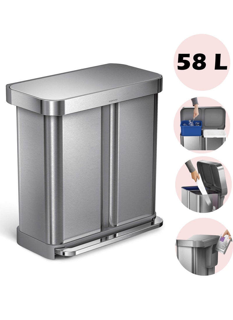 58 Liter / 15.3 Gallon Rectangular Hands-Free Dual Compartment Recycling Kitchen Step Trash Can with Soft-Close Lid, Brushed Stainless Steel