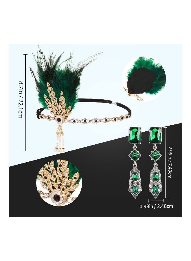 1920s Flapper Costume Accessories Set, Gatsby Costume Accessories Set for Women 20s Headpiece Earrings Gloves Holder Pearl Necklace and Feather Fan (Green)