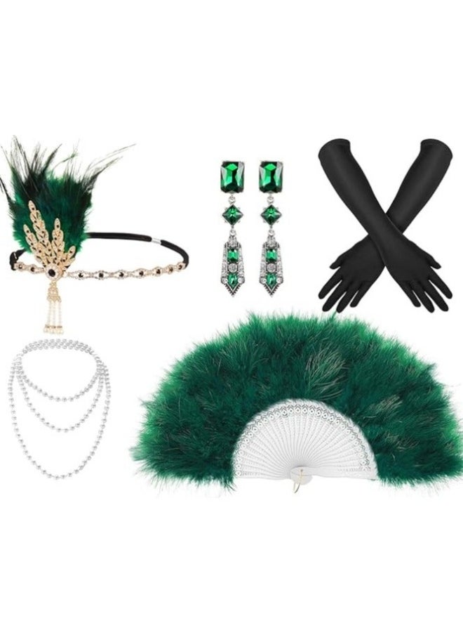 1920s Flapper Costume Accessories Set, Gatsby Costume Accessories Set for Women 20s Headpiece Earrings Gloves Holder Pearl Necklace and Feather Fan (Green)