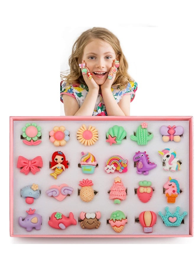 Kids Rings for Girls, 24pcs Adjustable Rings for 4-12 Year Old Girl Birthday Gifts Kids Dress Up Rings Jewelry Set Lovely Toys for Little Girls, Multiple Styles, No Repetition