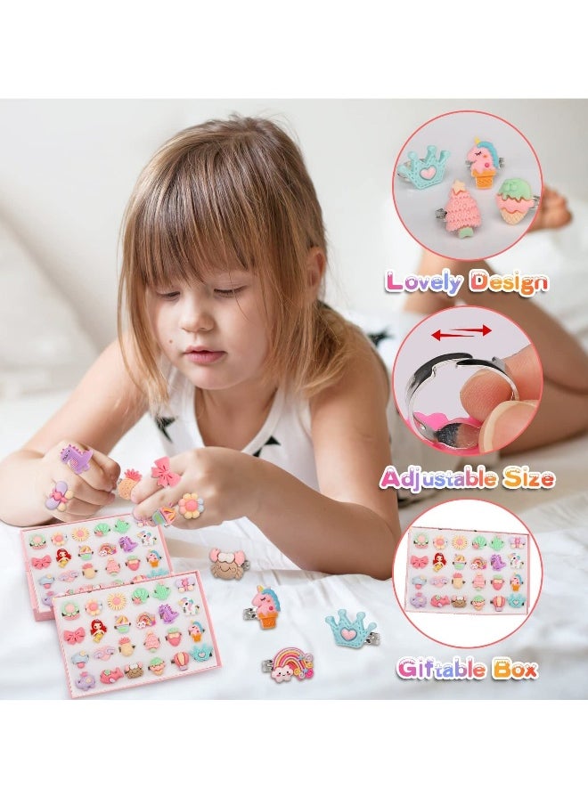 Kids Rings for Girls, 24pcs Adjustable Rings for 4-12 Year Old Girl Birthday Gifts Kids Dress Up Rings Jewelry Set Lovely Toys for Little Girls, Multiple Styles, No Repetition