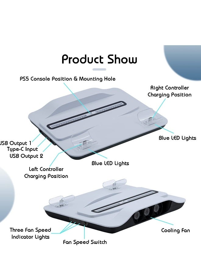 Cooling Fan and Dual Controller Charger Station for PS5 Console, Cooler Station and Charging Dock with Extra USB Ports for Playstation 5 UHD and Digital Edition, White