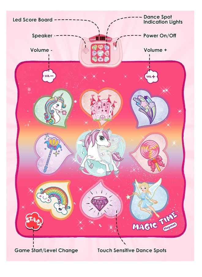 Unicorn Dance Mat Toys, Dance Musical Play Mat with 5 Game Modes& 8 Built-in Songs, Play Mat with LED Lights, Adjustable Volume, Suitable for 3 -6+ Year Old Girl Kid