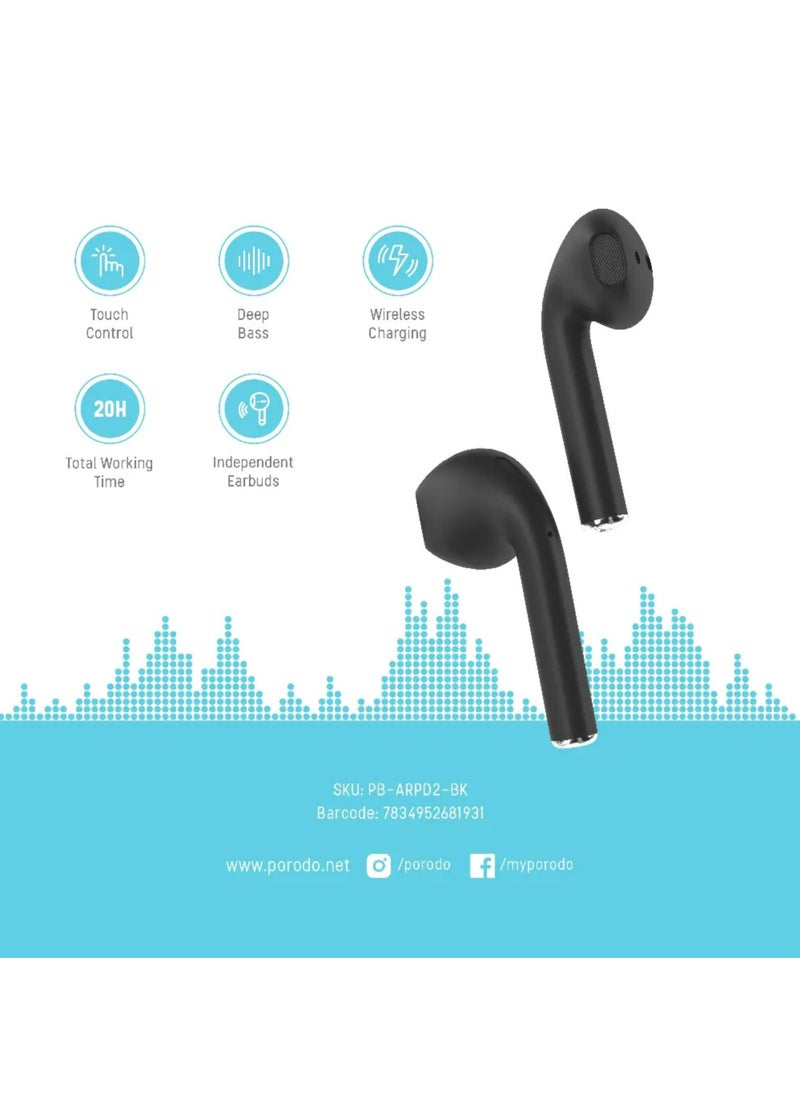 Deep Bass Wireless Earbuds 2, 20H Total Working Time, Wireless Charging, Independent Earbuds, Touch Control, Connectivity with Bluetooth 5.0 One-Step Pairing - Black