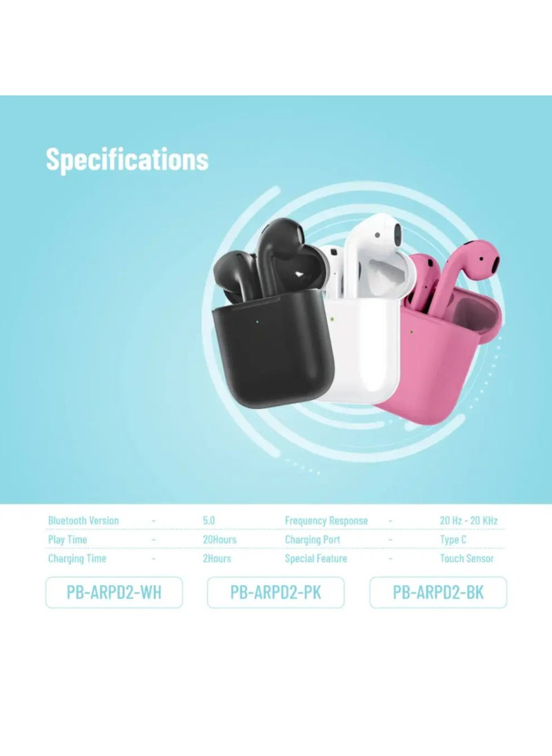 Deep Bass Wireless Earbuds 2 | Touch Control | Wireless Charging | Independent Earbuds | 20 Hours Working Time | ENC | Premium Materials | V5 Bluetooth | Type-C Charging Port - Pink