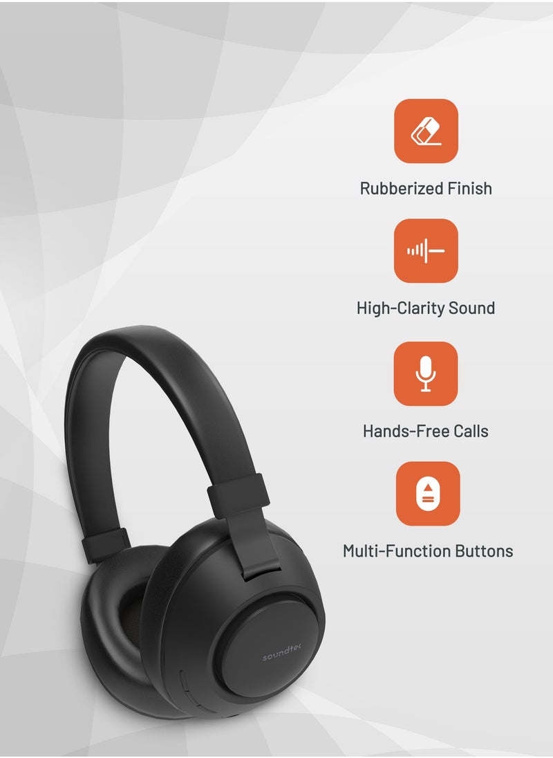 Portable Bluetooth 5.0 Headphones with Noise Cancelling Active Siri & Volume Controls 16-hours Play Time Rubberized Surface - Black