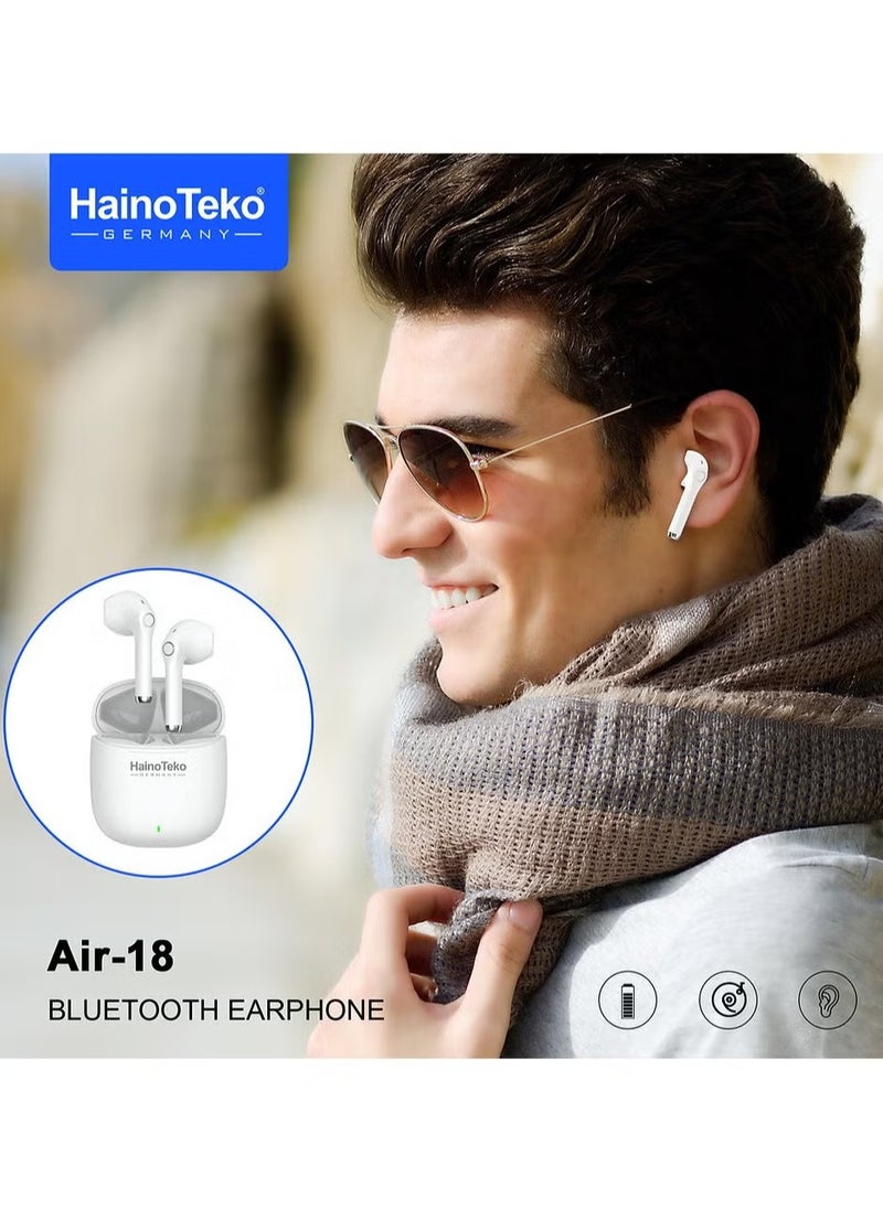 Air 18 True Wireless Earphones with Super Clear Microphone, Multi-Functional Touch Control – High-Quality Sound, Seamless Connectivity with iPhones and iPads, Comfortable Fit, Perfect for Music, Calls, and Gaming – White