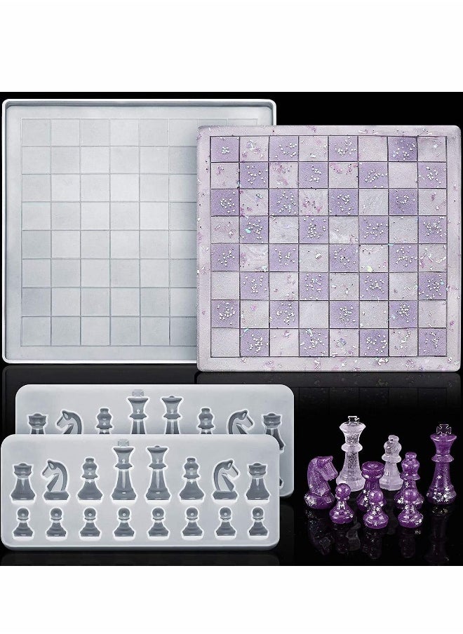 Chess Silicone Mold Set, Includes Chess Board Epoxy Resin Casting Mould and 2 Pcs 3D Chess Pieces Silicone Resin Molds for DIY Crafts Making, Family Board Games