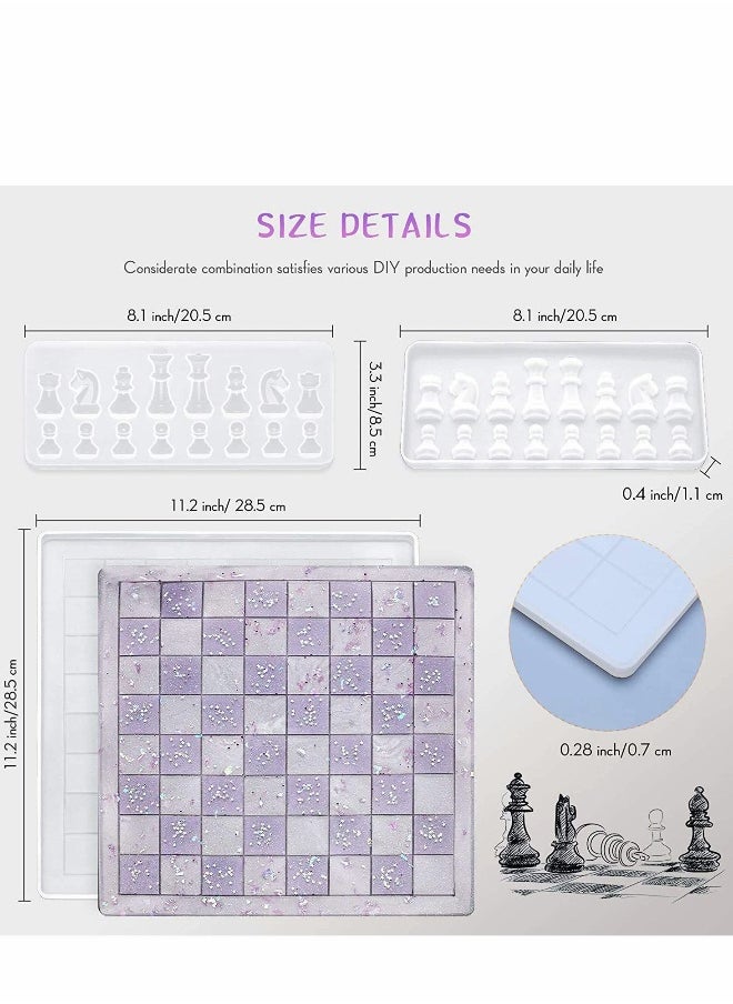 Chess Silicone Mold Set, Includes Chess Board Epoxy Resin Casting Mould and 2 Pcs 3D Chess Pieces Silicone Resin Molds for DIY Crafts Making, Family Board Games