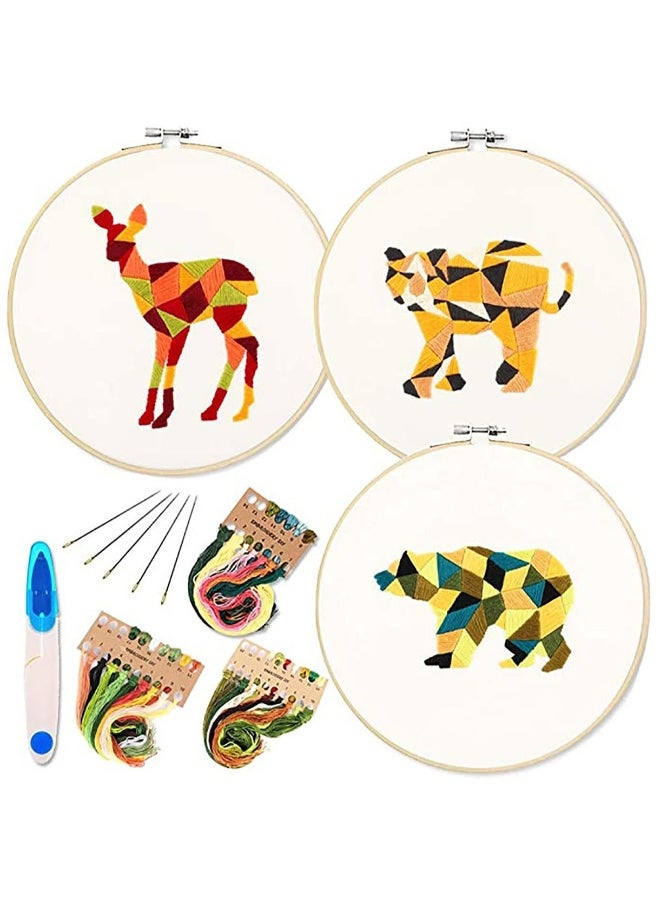 Embroidery Starter Kit with Pattern and Instructions, 3 Sets Cross Stitch Kit Include Embroidery Clothes, 3 Bamboo Circle, Color Threads and 1 Blue Scissors