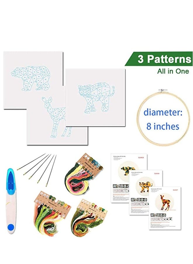 Embroidery Starter Kit with Pattern and Instructions, 3 Sets Cross Stitch Kit Include Embroidery Clothes, 3 Bamboo Circle, Color Threads and 1 Blue Scissors