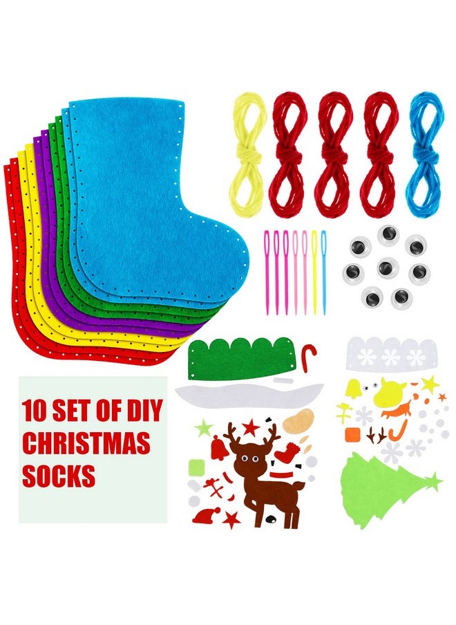 10 Pieces Felt Christmas Craft Diy Christmas Felt Stockings With Ornaments Handmade Xmas Felt Stocking Sewing Kit For Kids Santa Snowman Reindeer Decoration Tree Wall Door Hanging Present